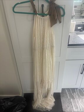 Areve Cream Lace High-Low Dress with Tie Shoulder